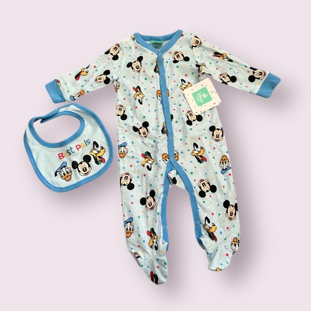 NWT Disney Baby Mickey Mouse Best Pals Light Blue Footies With Bib Size 0-3 Mon